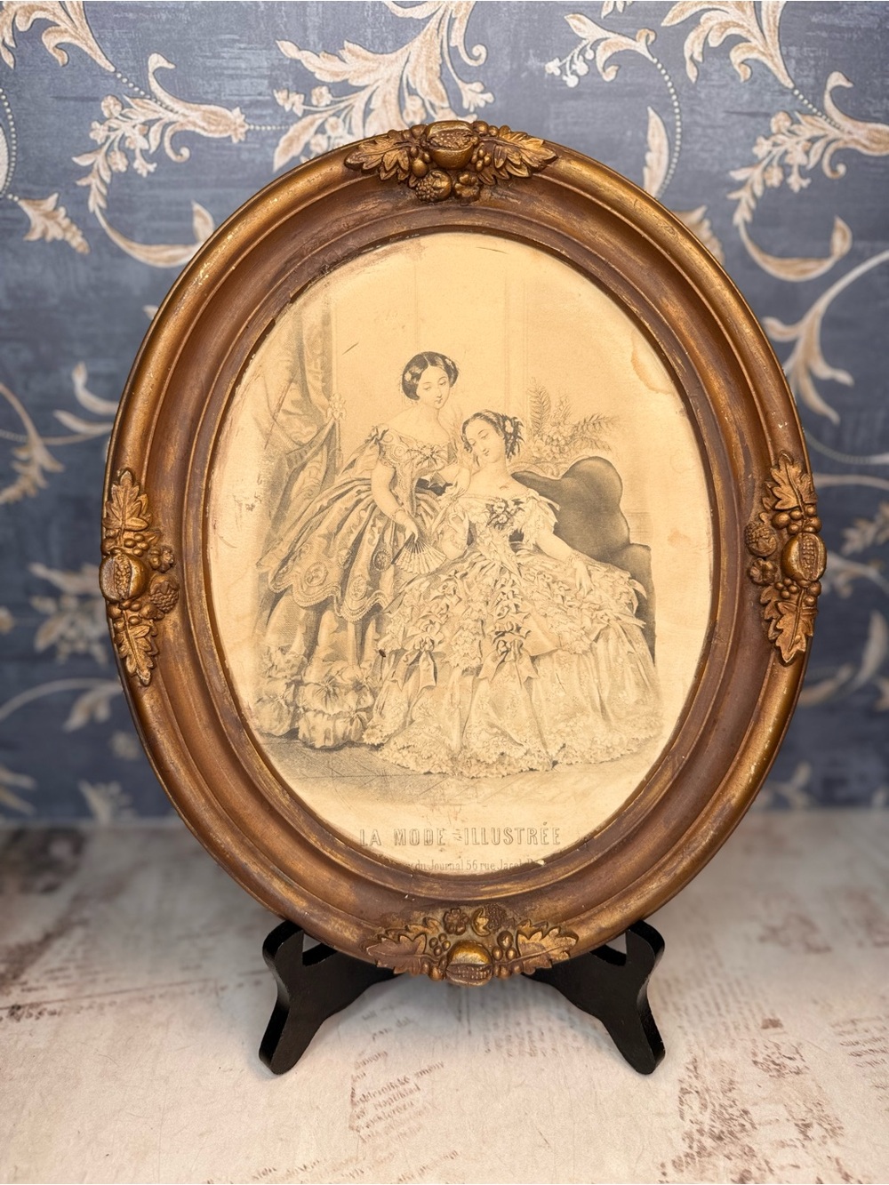Antique La Mode Illustree Fashion Print Oval Wood Frame Victorian Decor